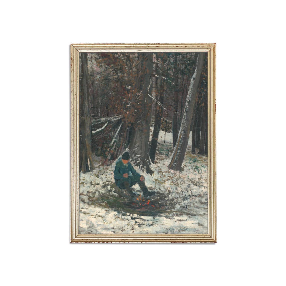 Woodsman Resting by a Campfire in a Snowy Forest Vintage Poster - Image 3