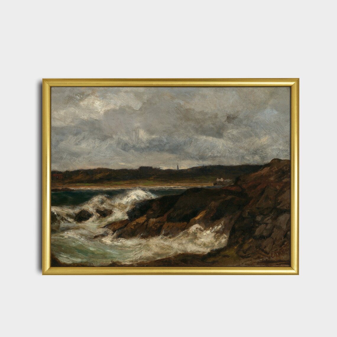 Storm Waves Crashing on Rocky Coast Moody Seascape Painting Poster - Image 2