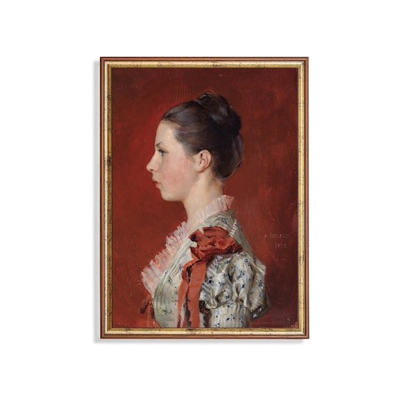 Elegant Victorian Woman Profile Portrait On Red Background Oil Poster