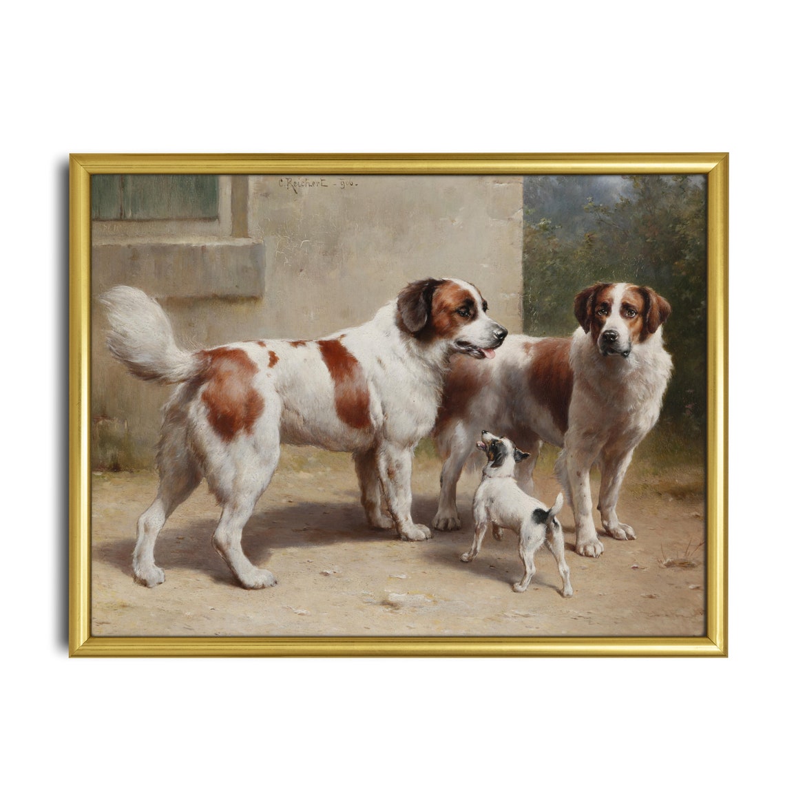 Two Big Dogs and Small Puppy Playful Vintage Canine Group Poster