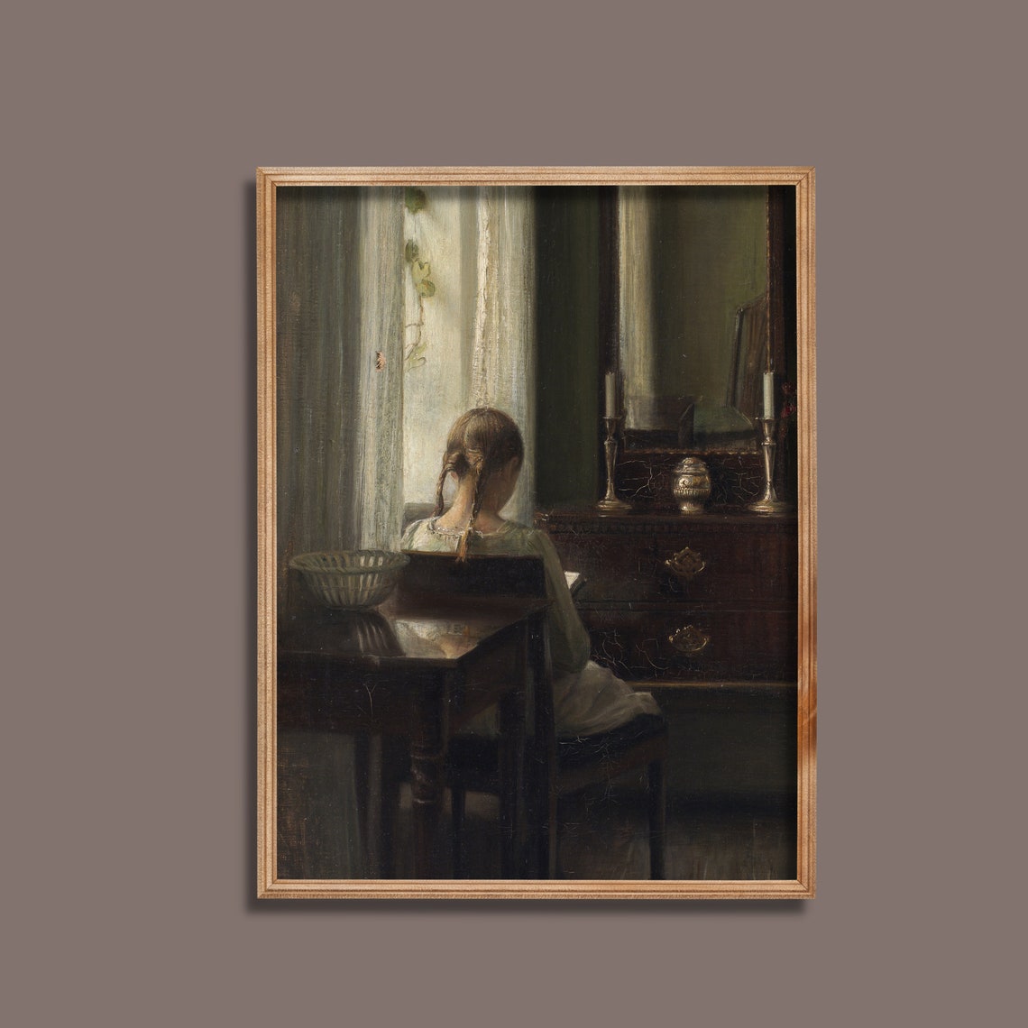 Young Girl Reading at a Table by a Quiet Window Vintage Poster - Image 2