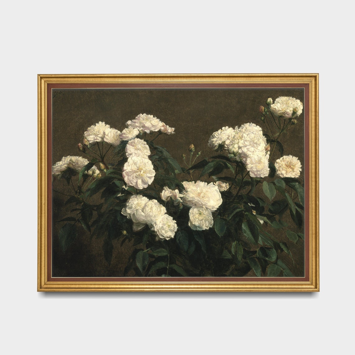White Roses Against a Dark Olive Ground Still Life Oil Poster - Image 2