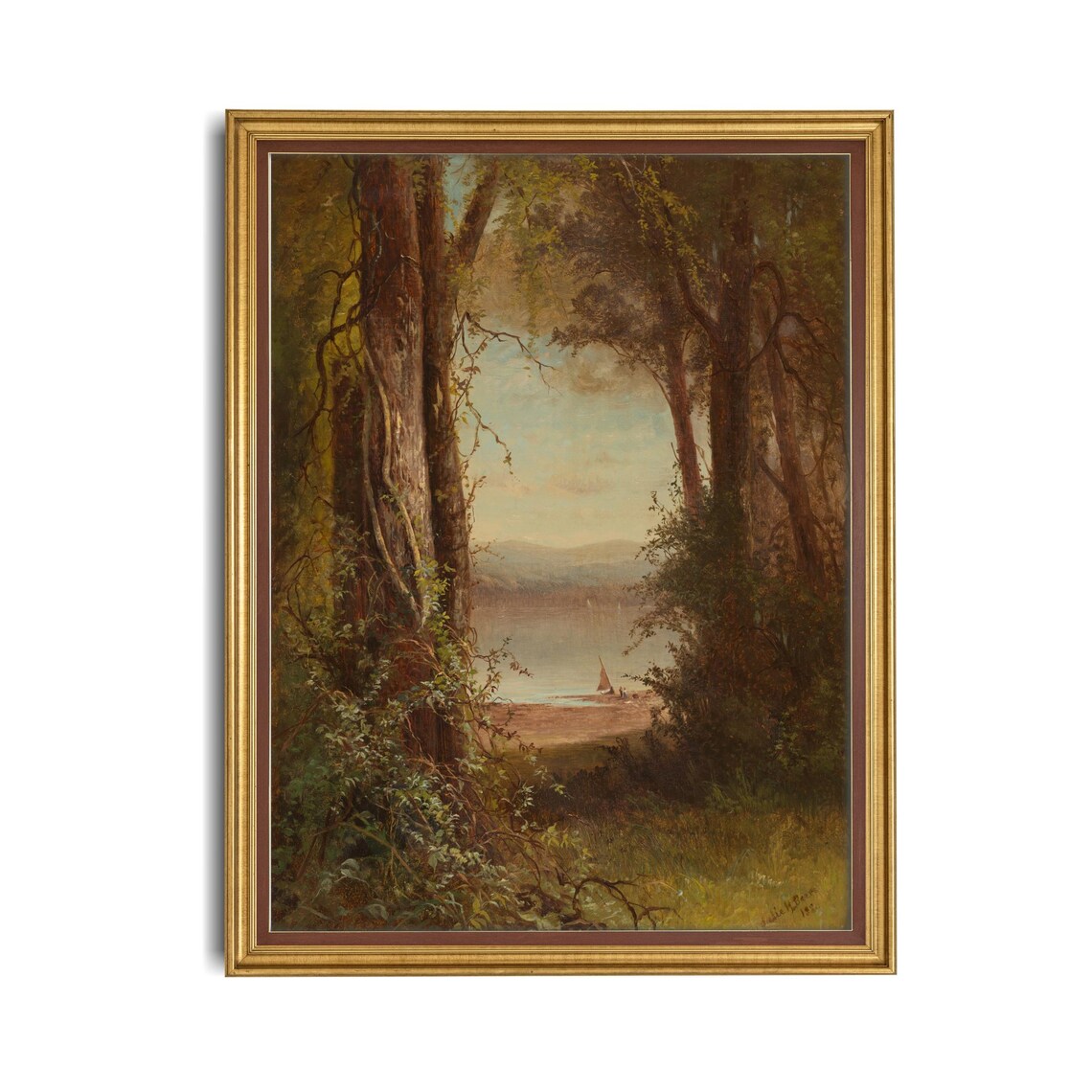Woodland Vista to a Lake with Sailboat Vintage Forest Poster - Image 4