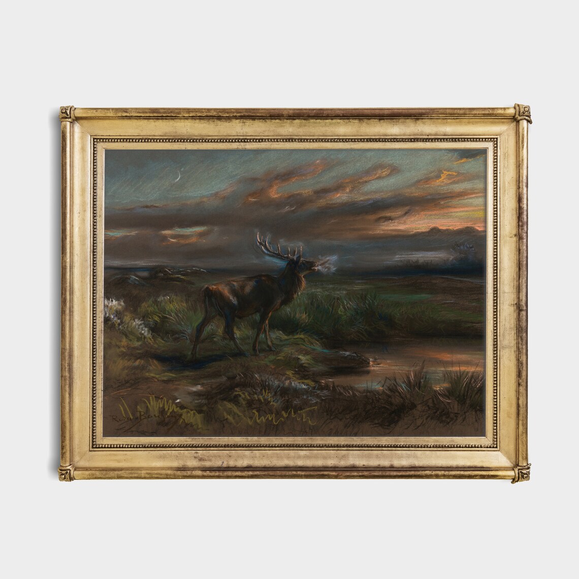 Vintage Stag Red Deer Twilight Moor Moonlit Sky Oil Painting Poster - Image 2