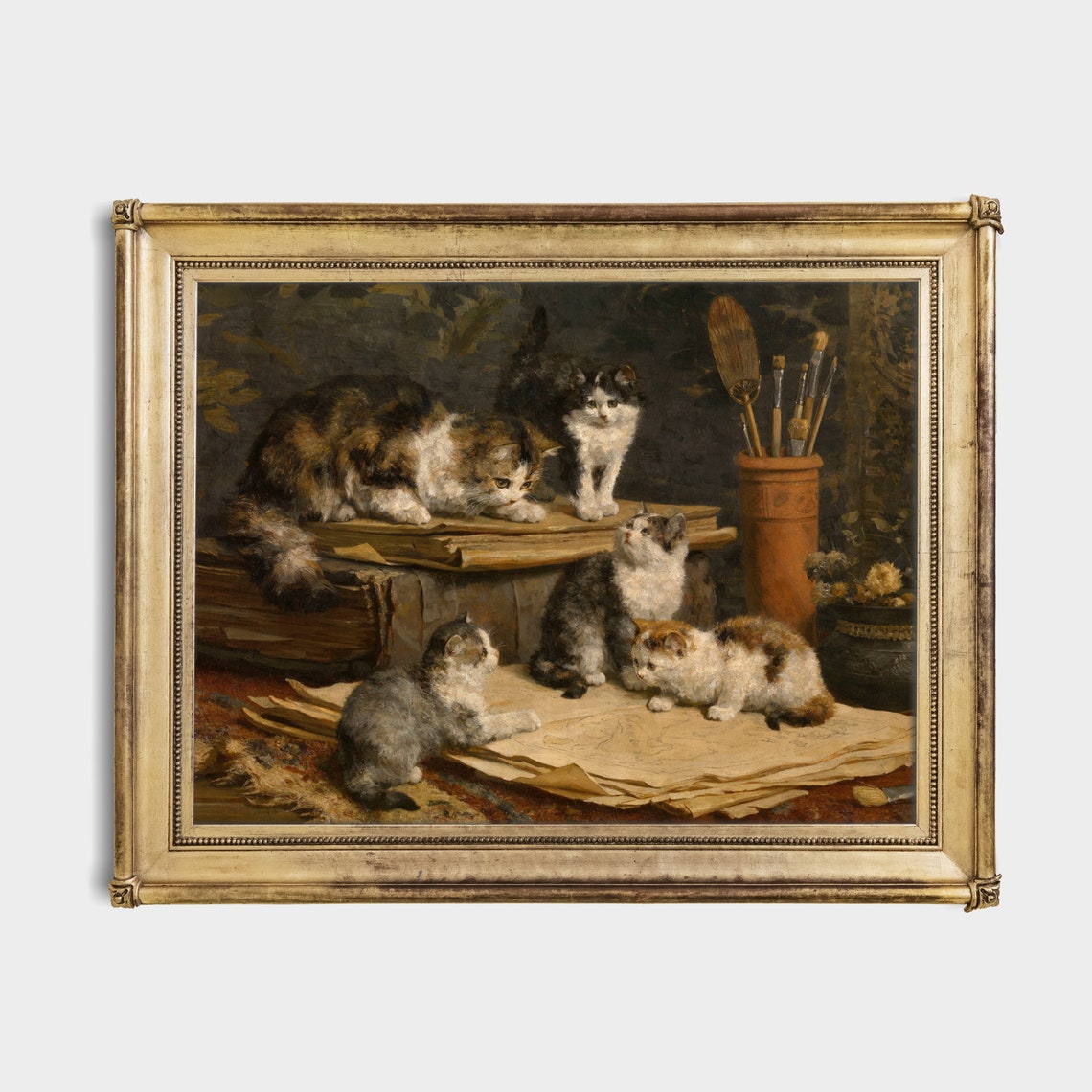 Mother Cat with Playful Kittens at an Artist's Studio Easel Poster - Image 2
