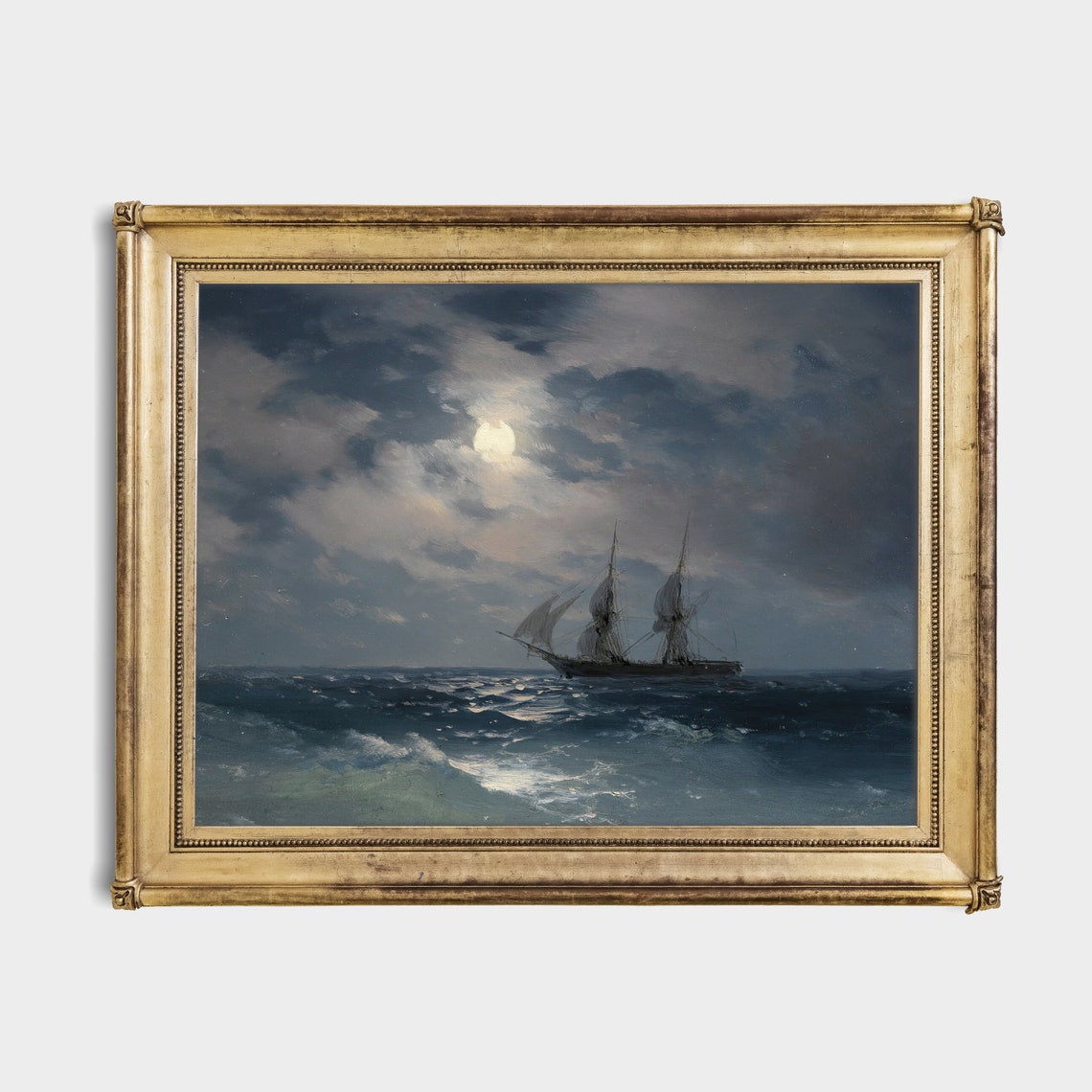 Sailing Ship on a Moonlit Night Sea Vintage Nautical Art Poster - Image 2