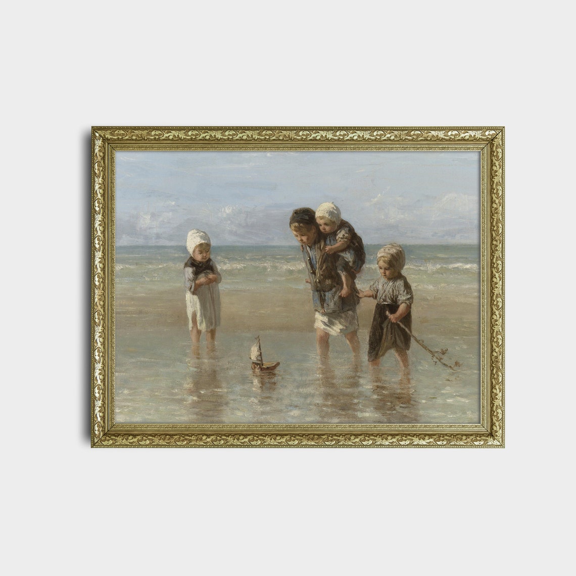 Children Playing with a Toy Sailboat at the Seashore Vintage Poster - Image 2