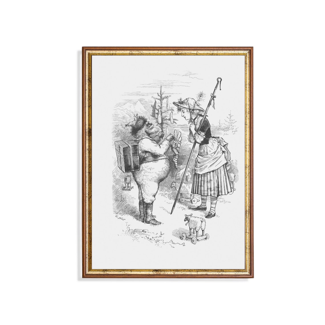 Santa Claus with a Toy Pack Meeting a Girl Vintage Engraving Poster