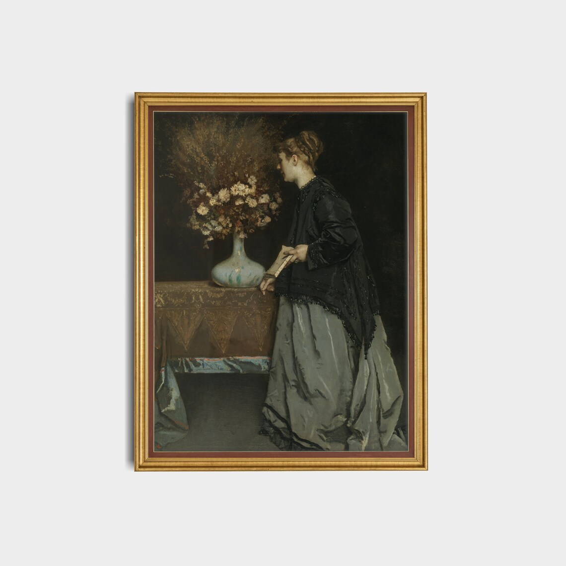 Woman Beside Flower Vase Moody Antique Portrait Oil Painting Poster - Image 2