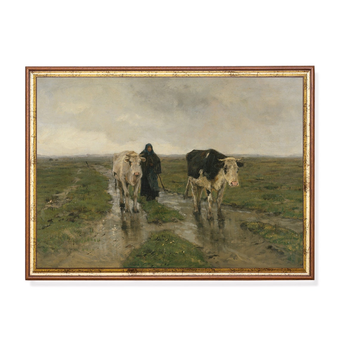 Two Cows Led by a Milkmaid on a Rainy Muddy Meadow Path Poster