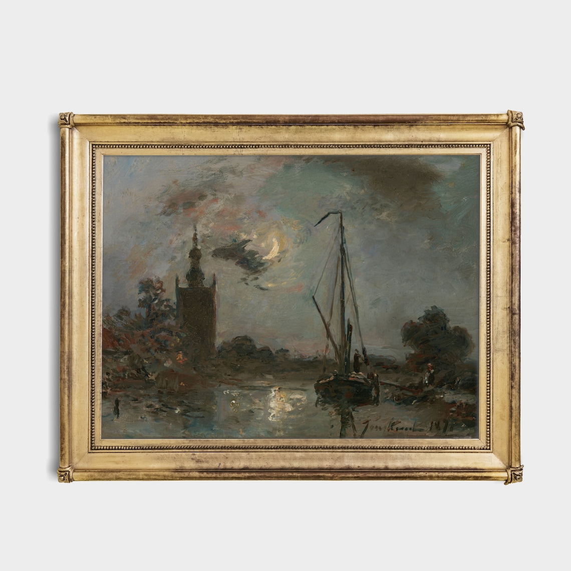 Moonlit Harbor with Sailboat and Church Tower Vintage Night Poster - Image 2