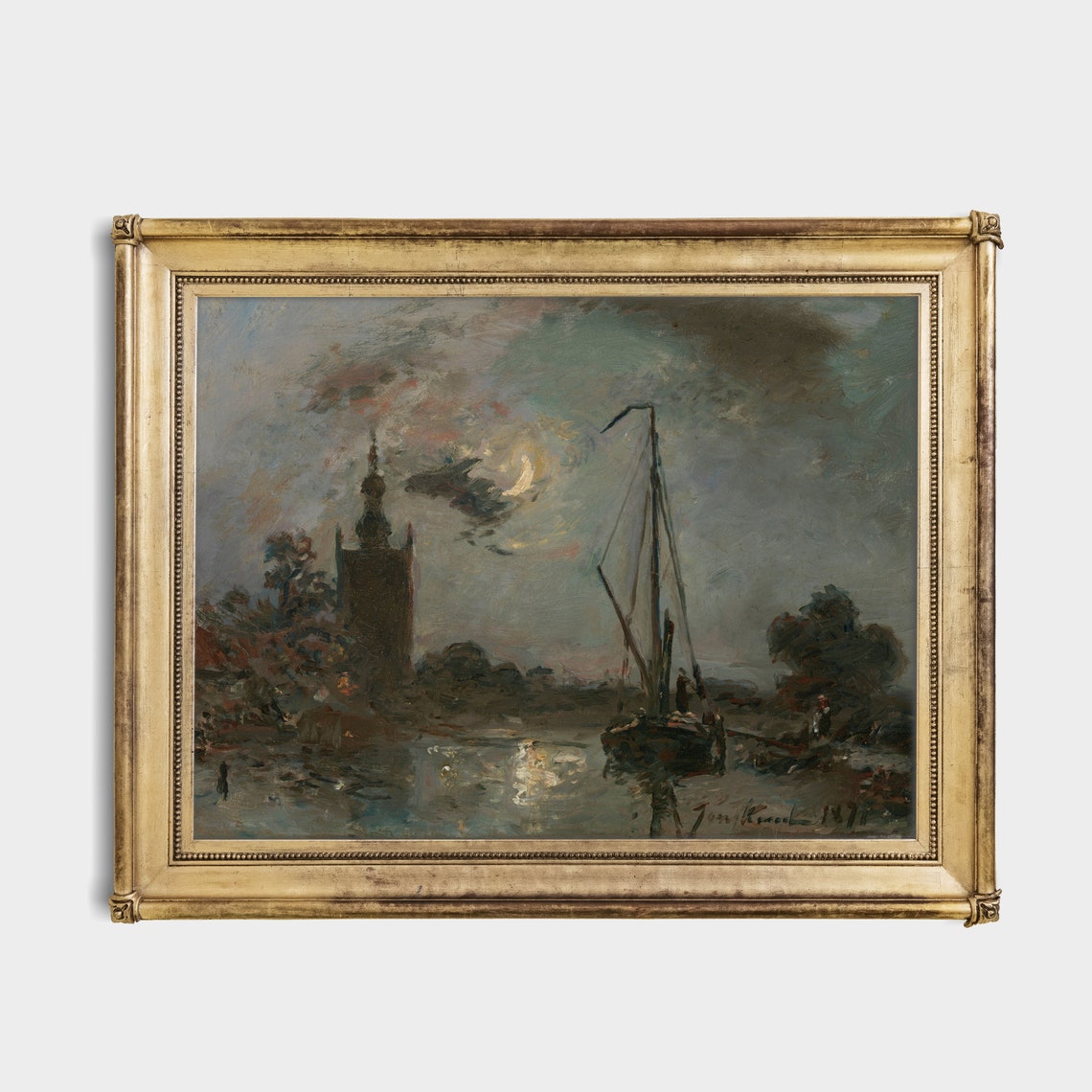 Vintage Sailing Ship Painting Antique Nautical Decor Moonlight Boat Print Wall Art Moody Rustic Art - Image 4
