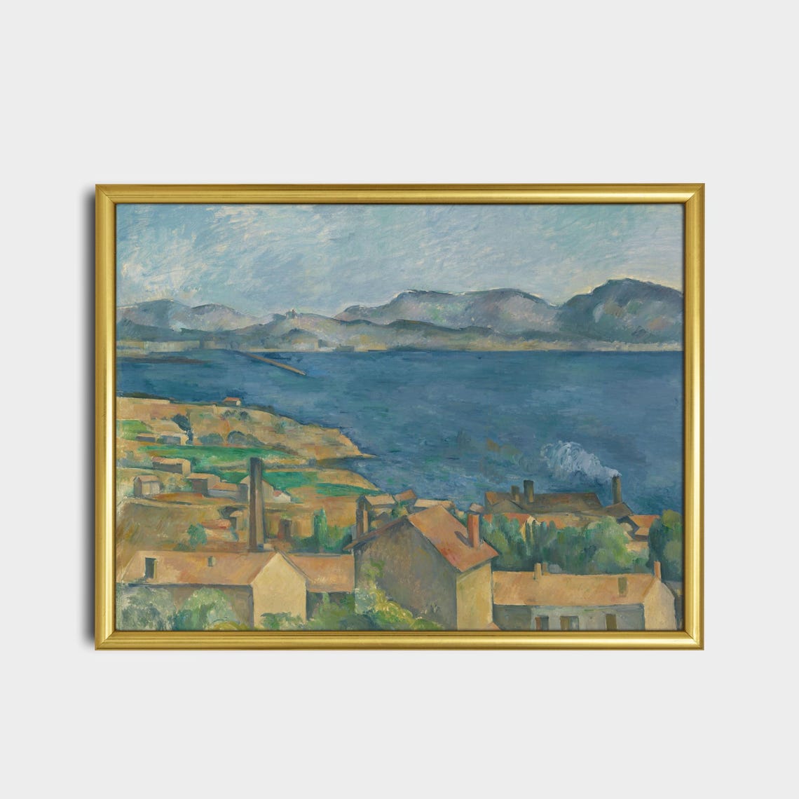 Coastal Town with Factory Chimneys Overlooking a Blue Bay Poster - Image 2