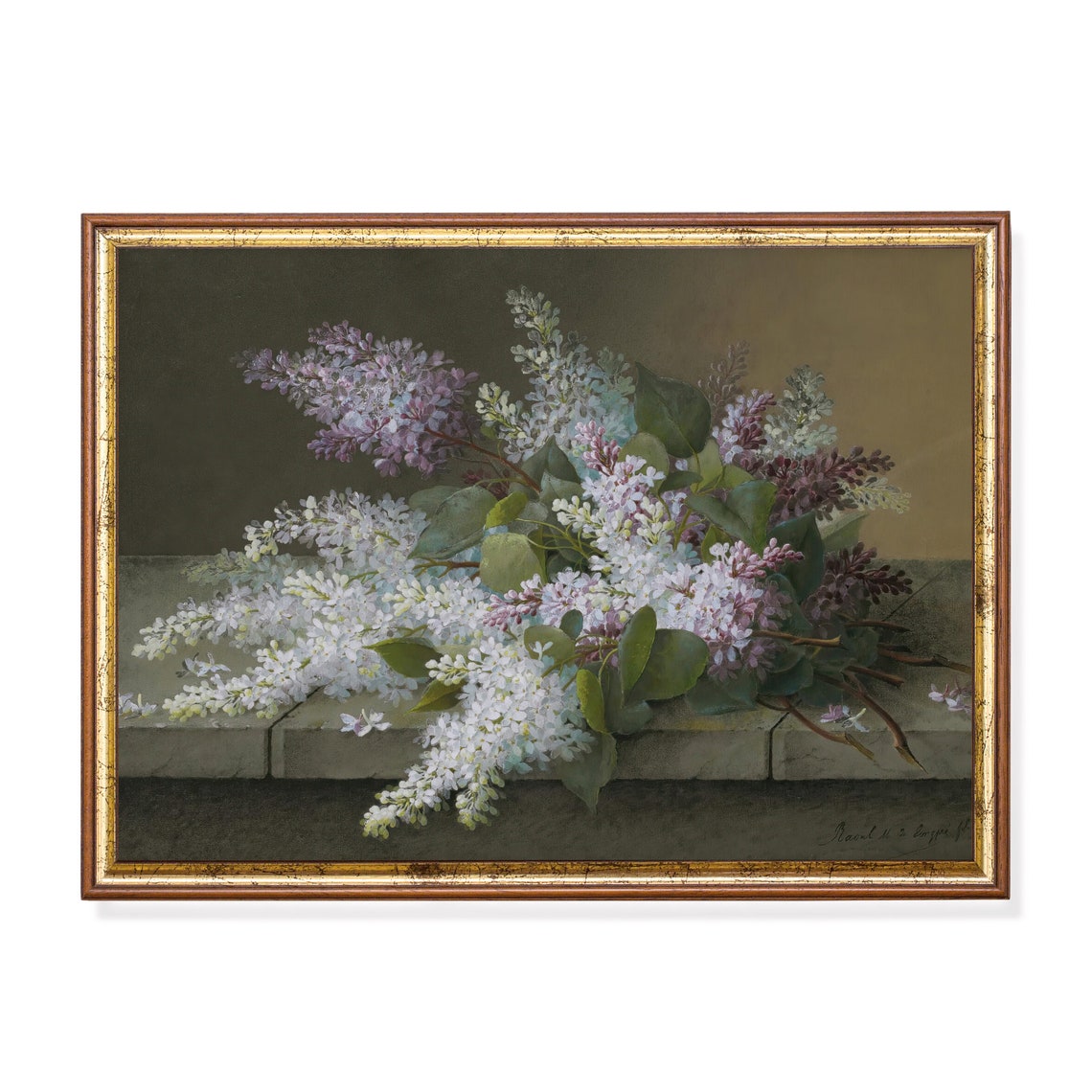 Delicate Lilac Branches Resting on a Stone Ledge Botanical Poster