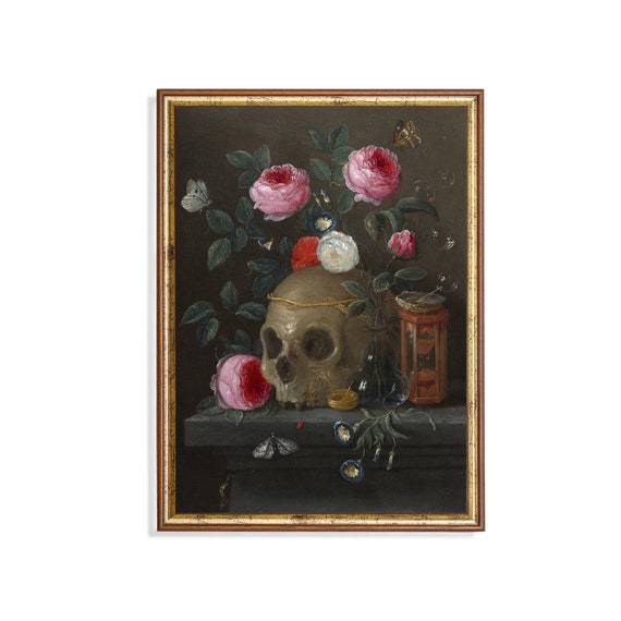Print And Ship Vintage Vanitas Still Life Antique Gothic Print Moody Rustic Art Halloween Home Decor Fine Art Skull With Roses
