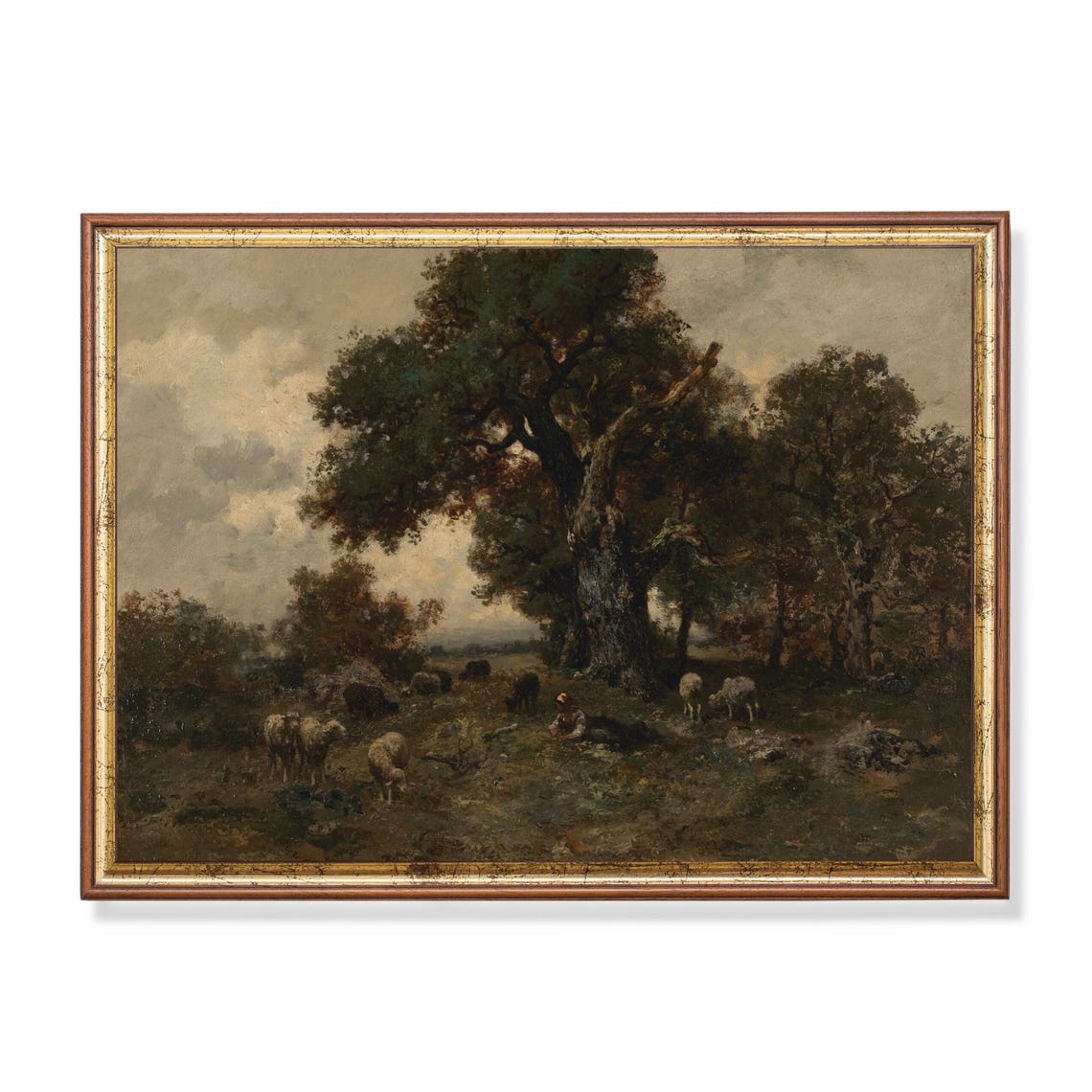 Shepherd Resting with His Sheep Flock Beneath a Grand Oak Tree Poster