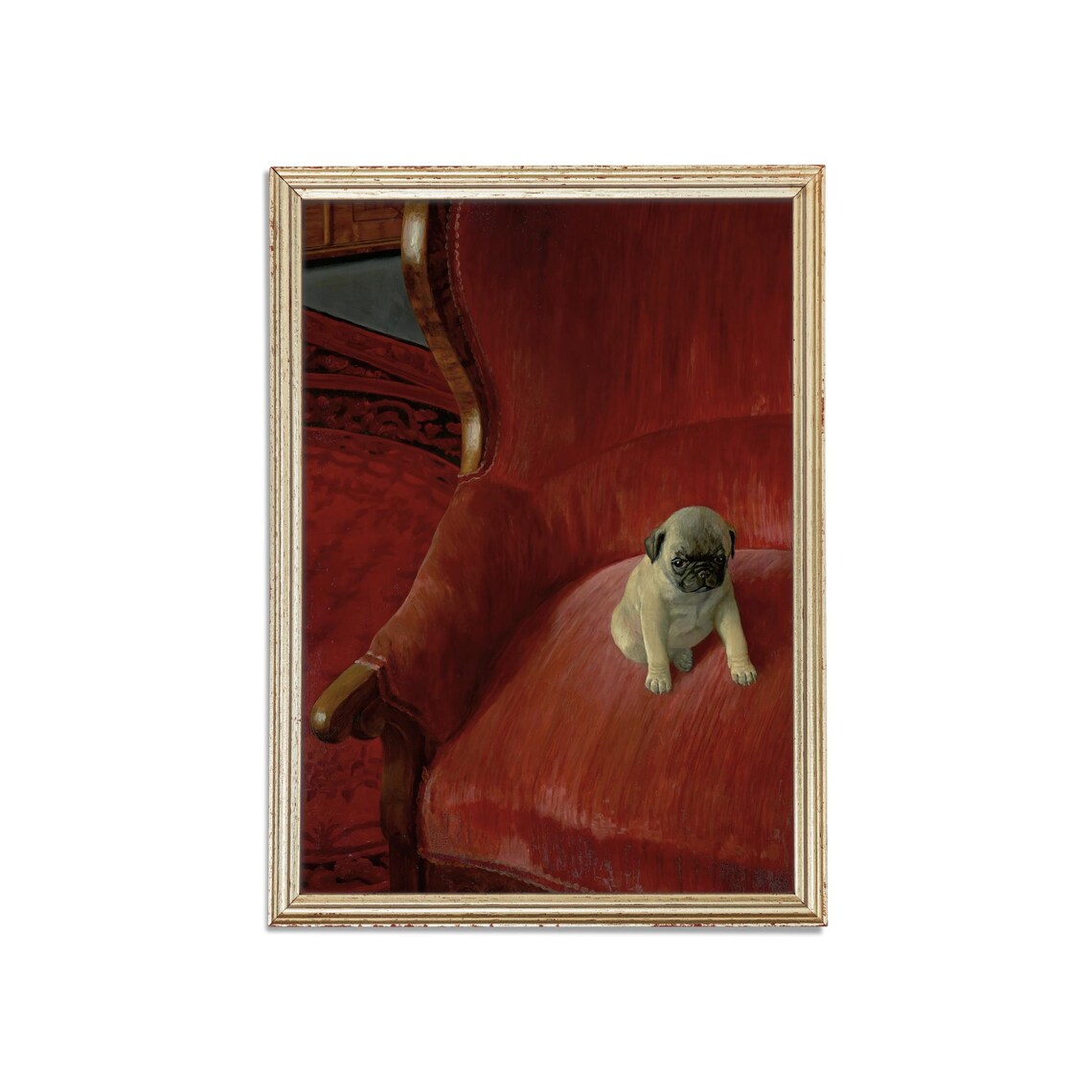 Vintage Pug Puppy Portrait Sitting Red Velvet Armchair Dog Art Poster - Image 3
