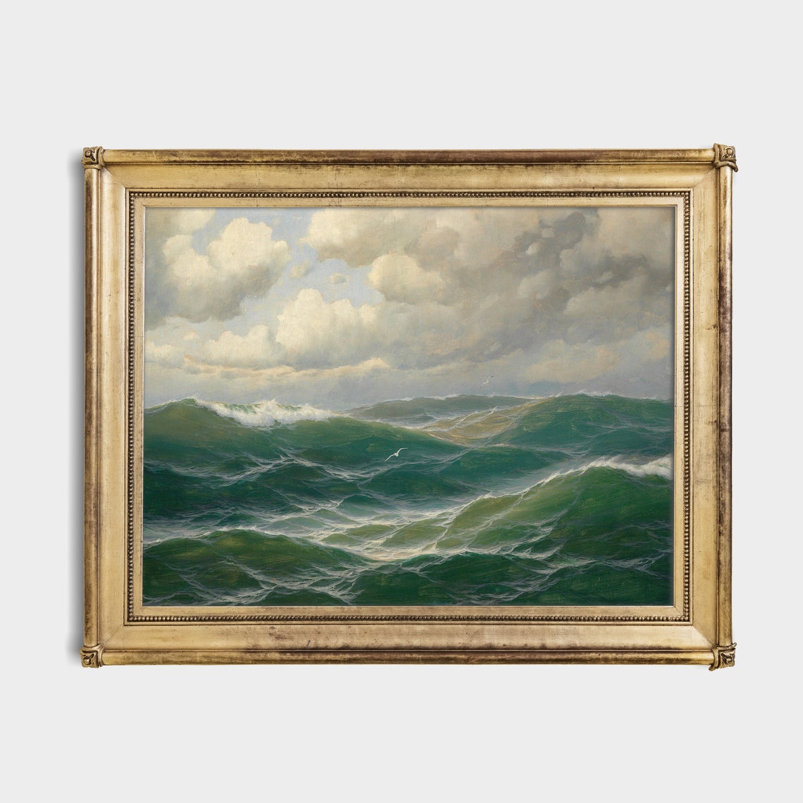Green Ocean Waves Under Cloudy Sky Vintage Seascape Painting Poster - Image 2
