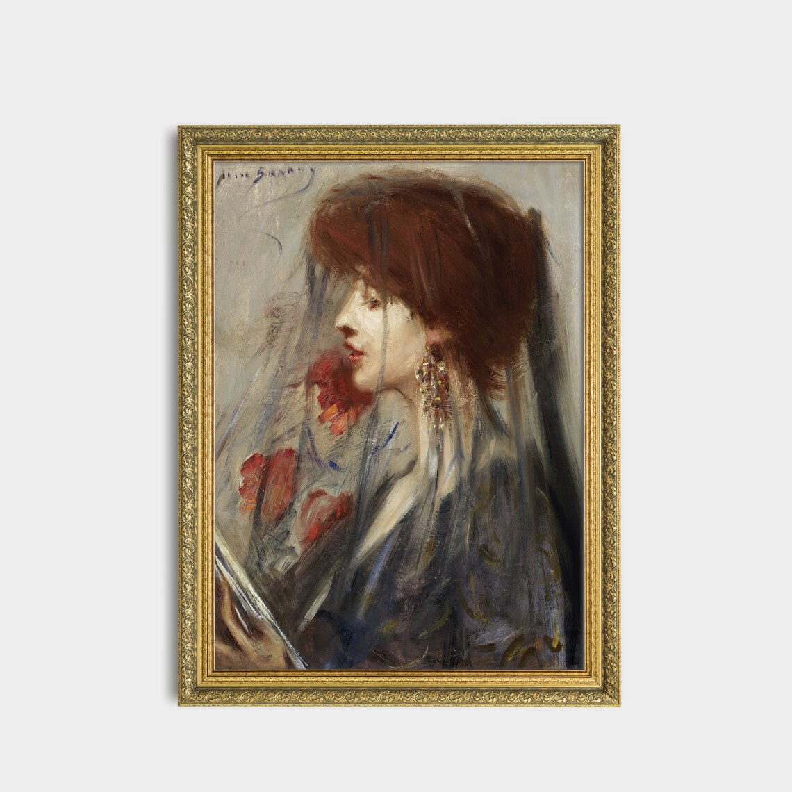 Woman in a Sheer Veil in Profile Impressionist Portrait Poster - Image 2