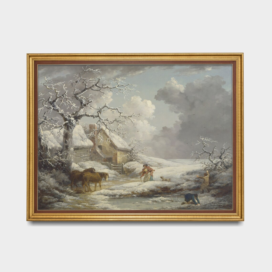 Snowy Cottage Village Winter Scene Children Playing Vintage Poster - Image 3