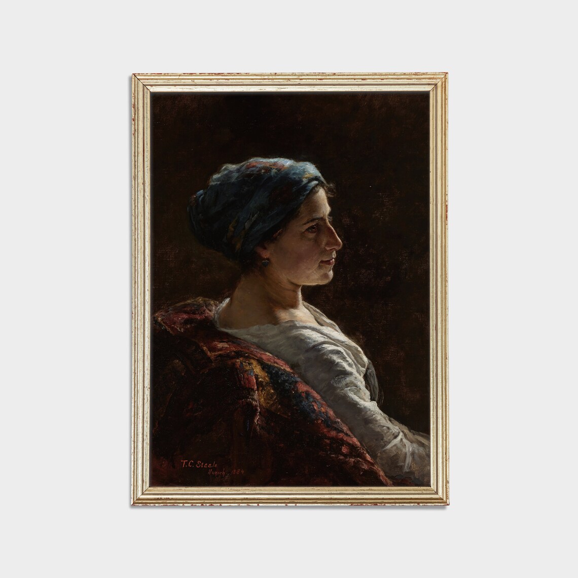 Woman In Blue Headscarf In Profile Signed T C Steele Dark Portrait Poster - Image 2