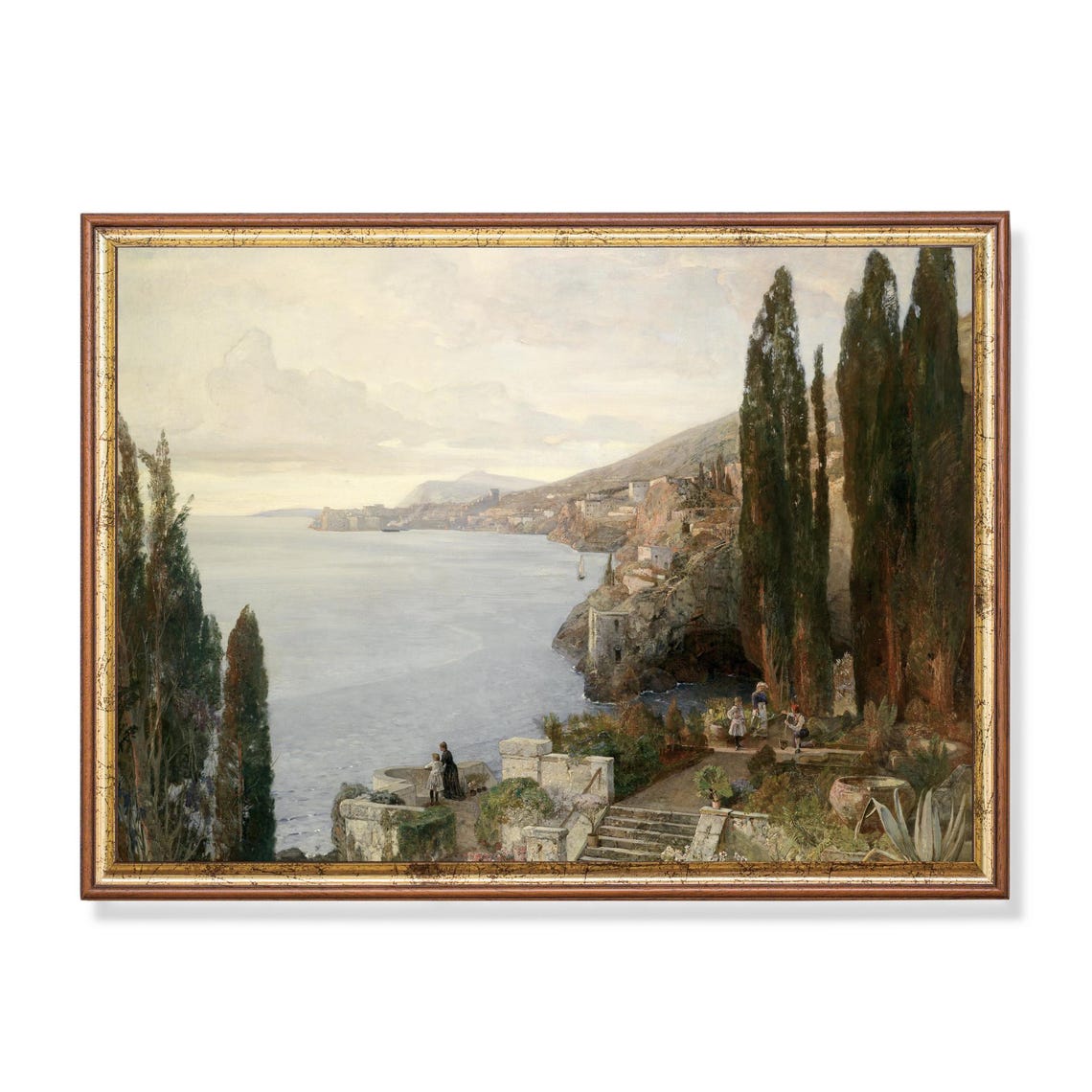 Antique Mediterranean Coastal Town With Cypress Trees Poster