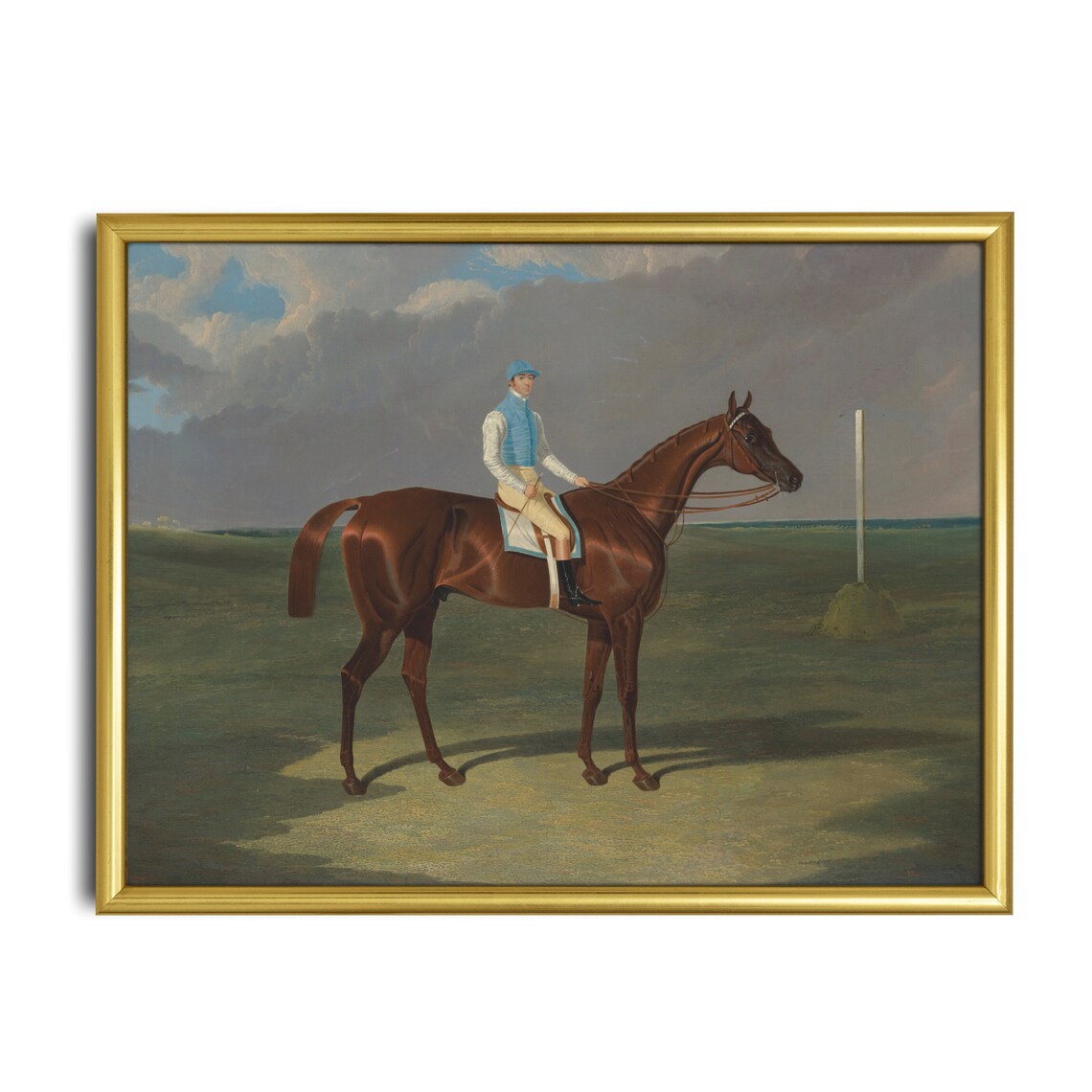 Jockey in Blue Silks on Chestnut Racehorse Field Vintage Poster