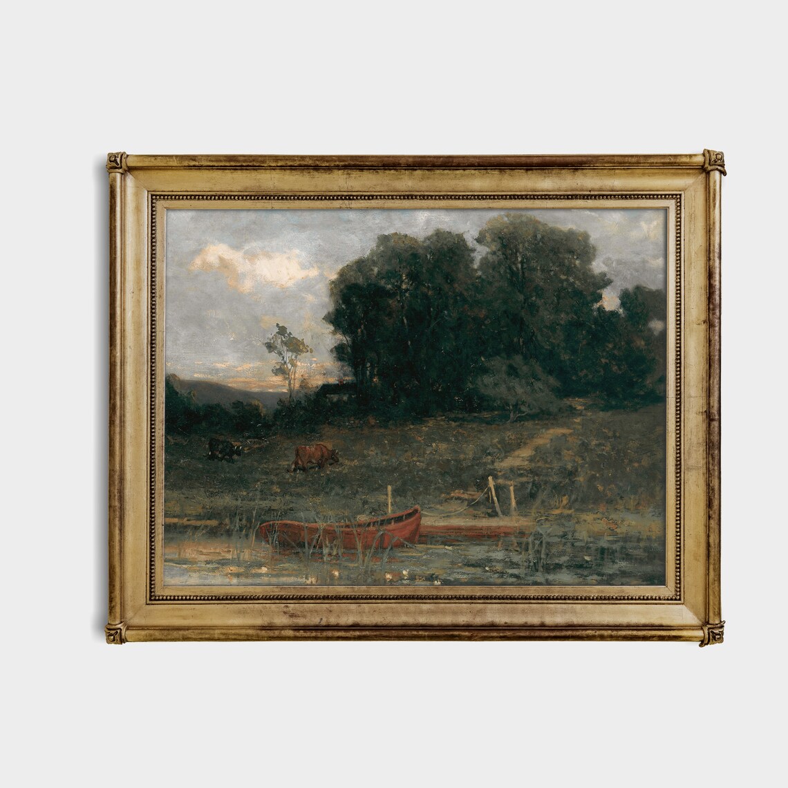 Red Boat on a Moody River with Grazing Cattle Antique Poster - Image 2