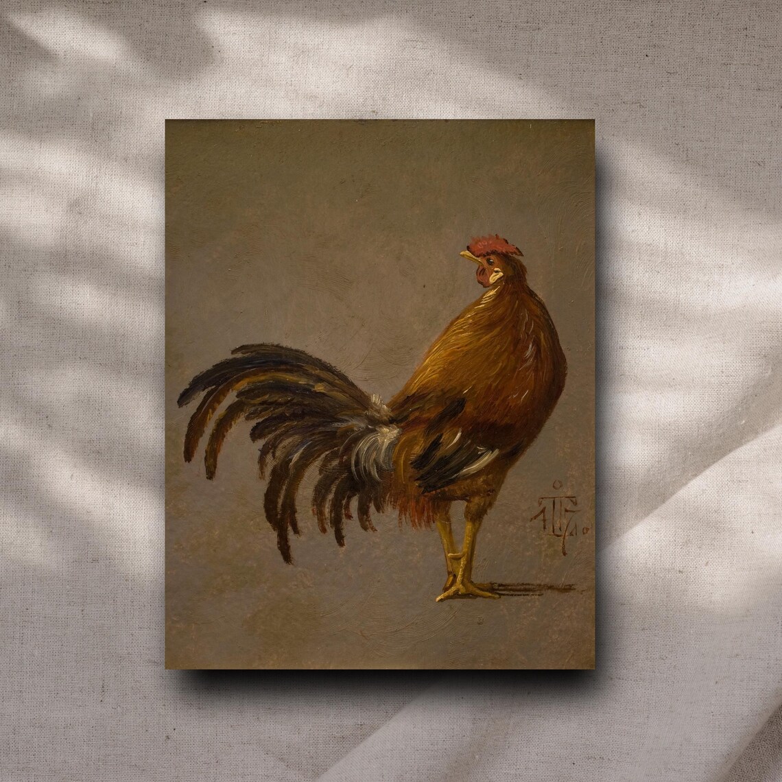 Majestic Chestnut Rooster Portrait Antique Poultry Oil Painting Poster
