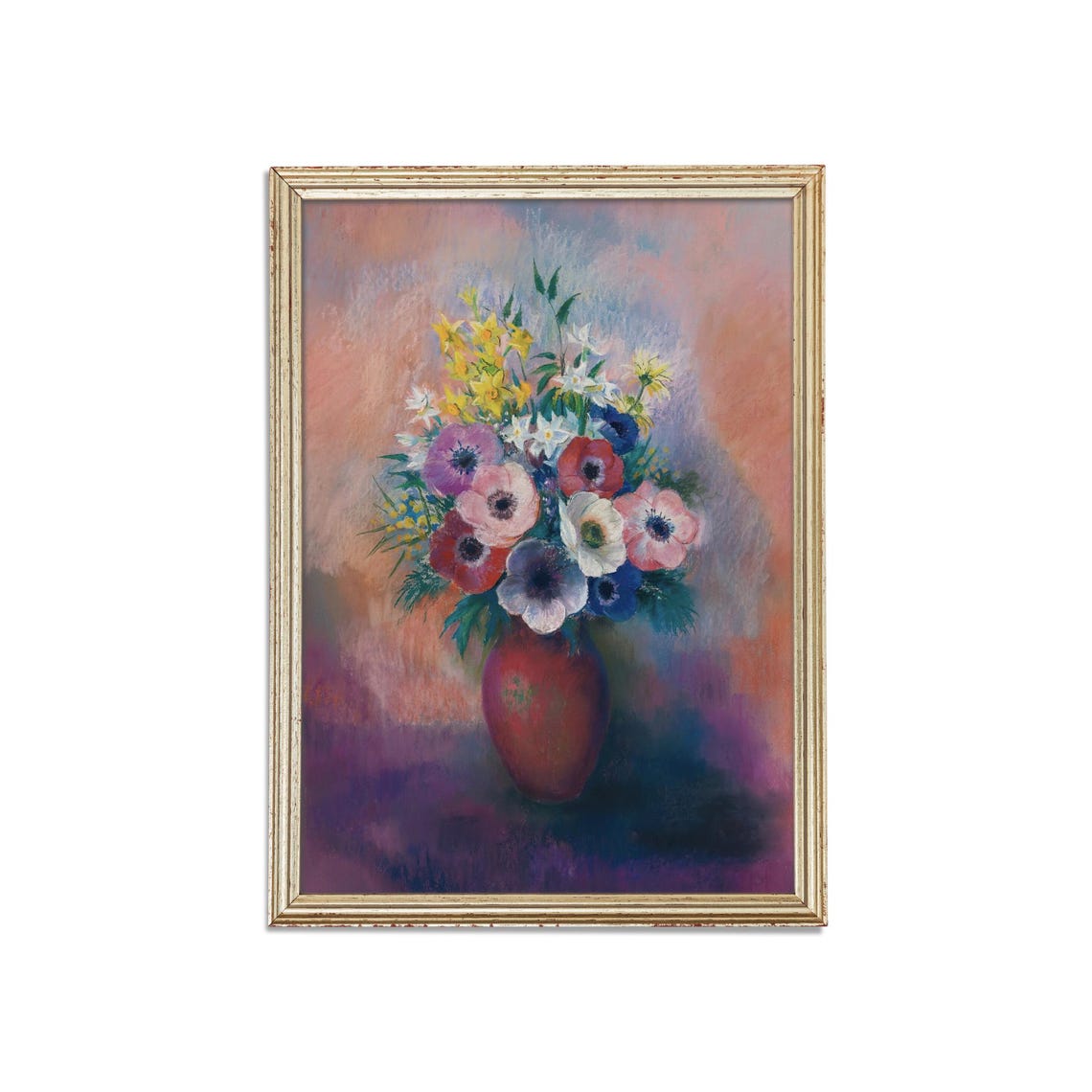 Pastel Anemone Bouquet Red Vase Soft Floral Impressionist Art Poster - Image 3