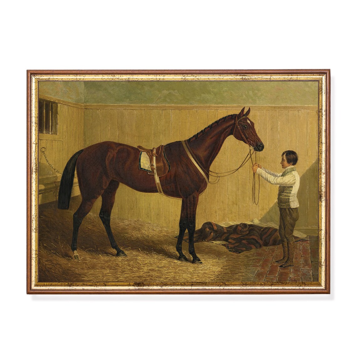 Bay Racehorse with Stable Lad Holding Lead Antique Oil Poster
