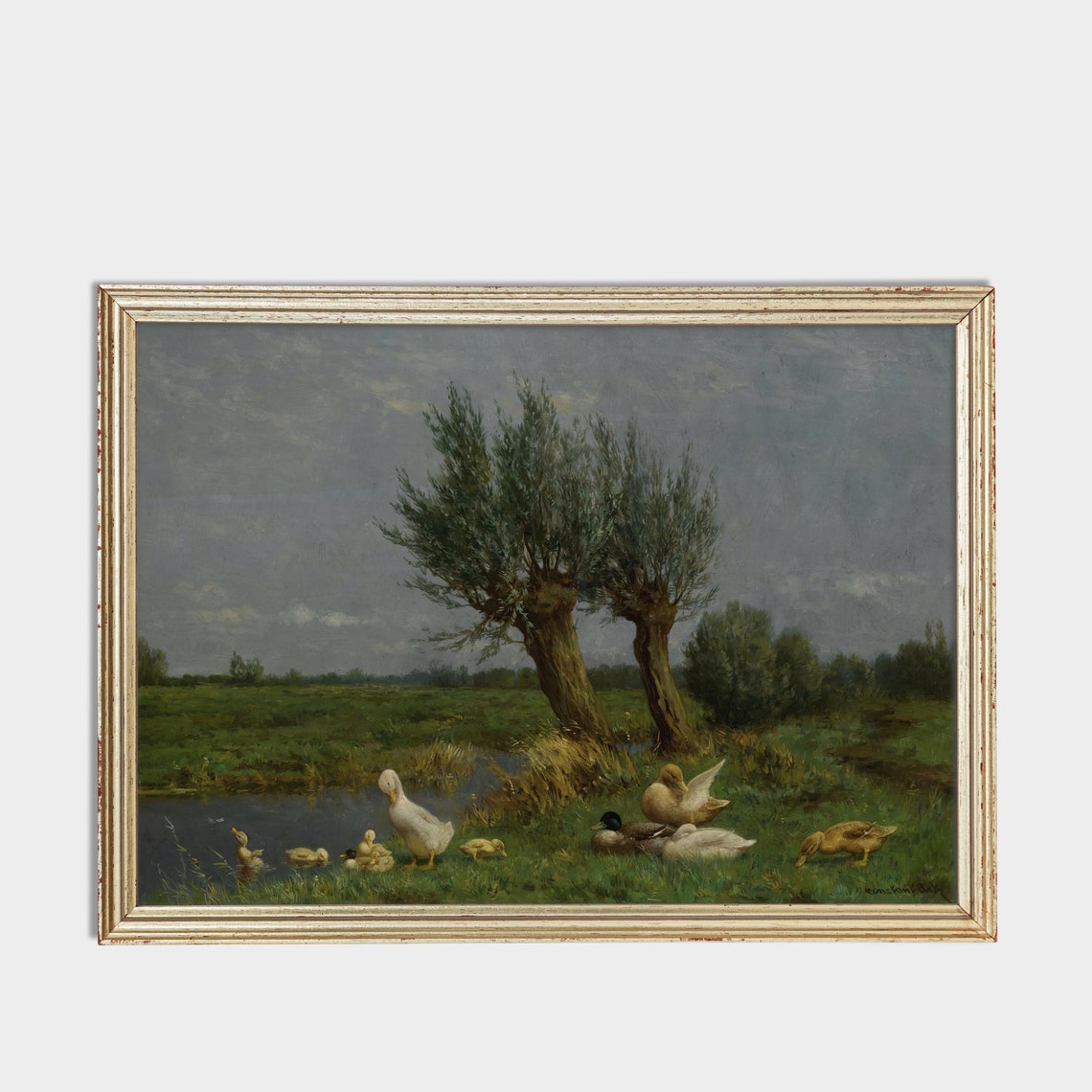 Duck with Ducklings by a Willow Lined Stream Farm Pond Painting Poster - Image 3