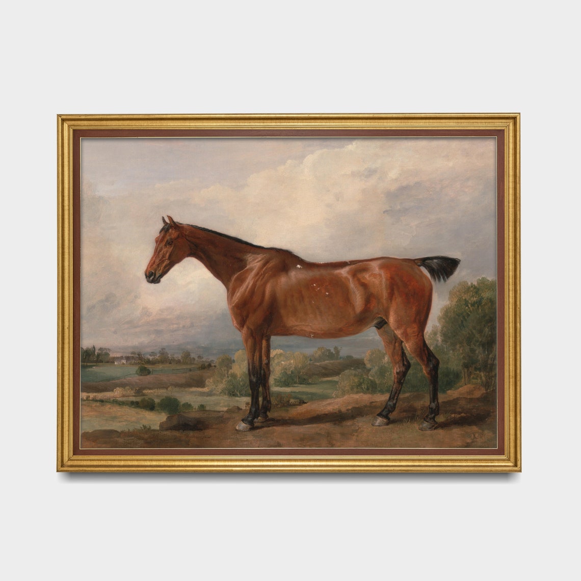 Antique Chestnut Horse Standing Under Cloudy Sky Vintage Art Poster - Image 3