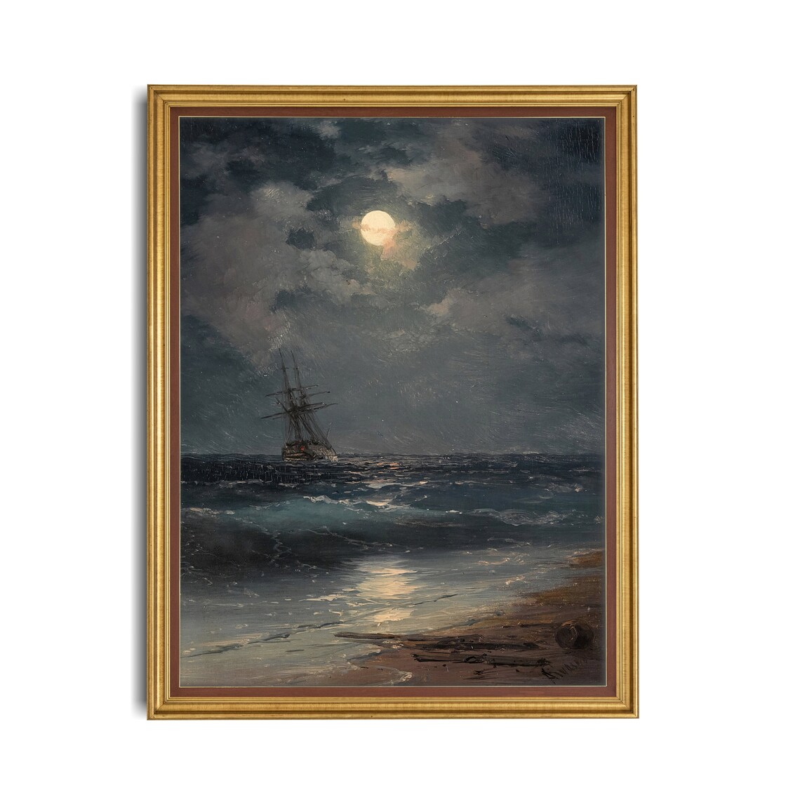 Ship By Moonlight Vintage Seascape Art Print, Nautical - Image 3
