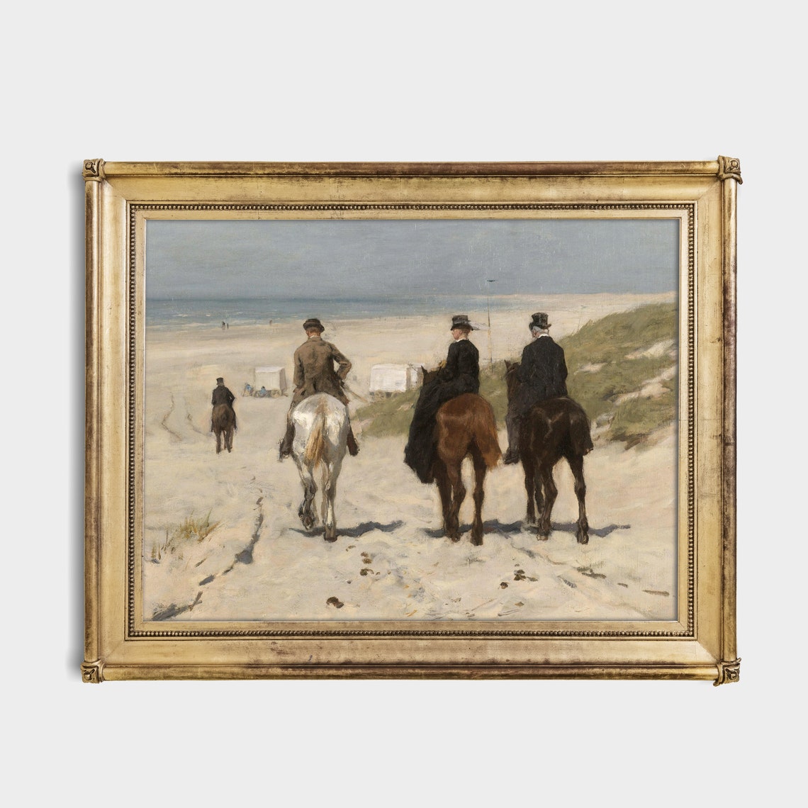 Vintage Horseback Riders on Beach Painting Equestrian Coast Wall Art - Image 4