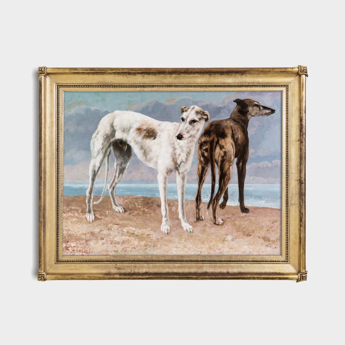 Two Greyhounds Standing Side by Side on a Coastal Beach Poster - Image 3