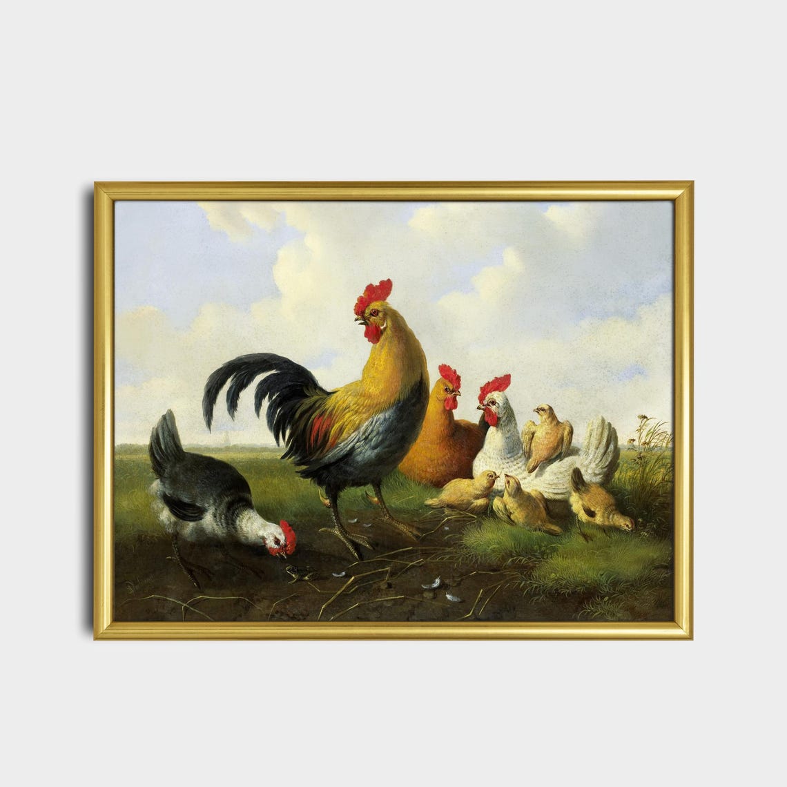 Rooster with Hens and Chicks Farmyard Vintage Poultry Poster - Image 2