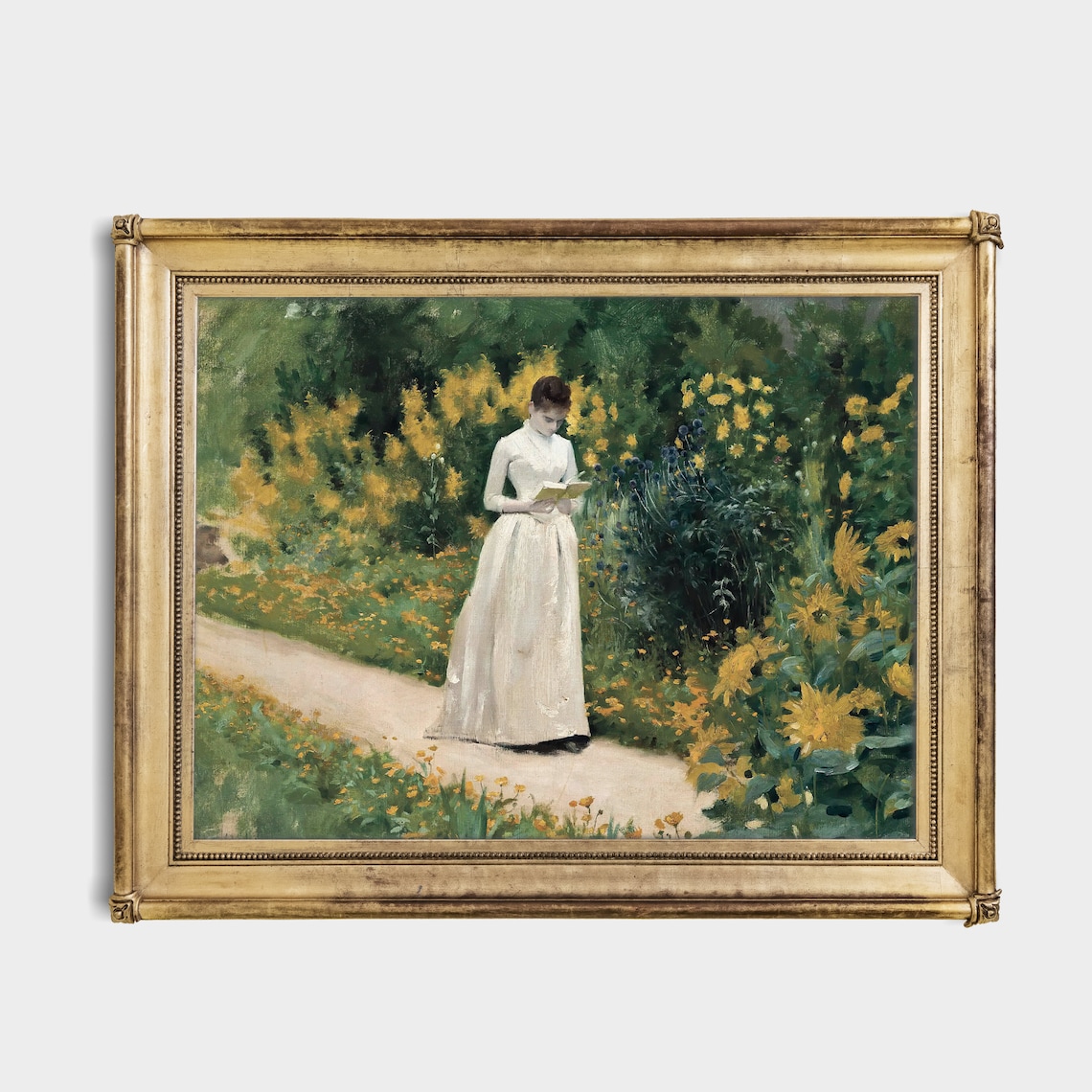 Woman In White Dress Reading A Book In The Yellow Flower Garden Poster - Image 4