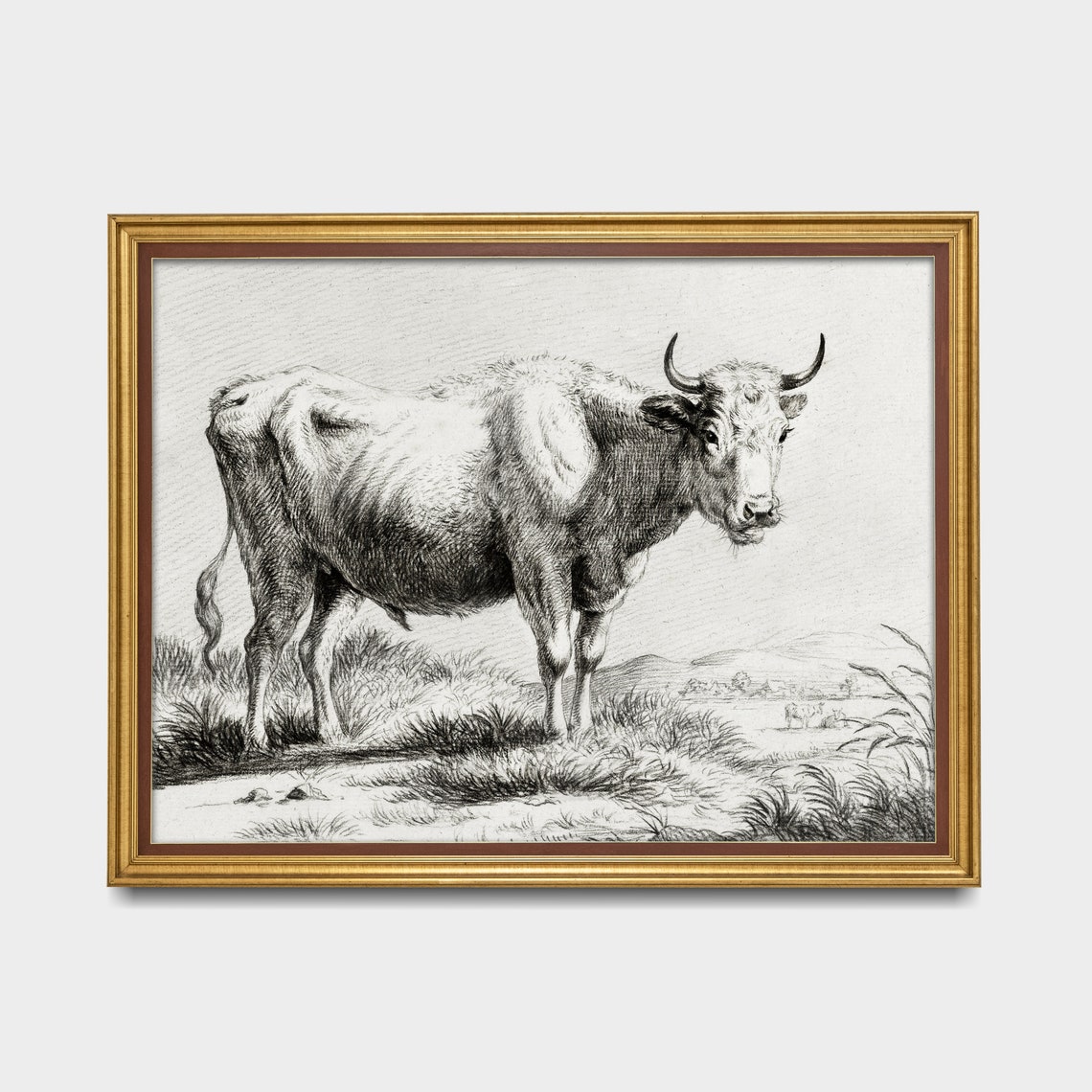 Grazing Bull in a Meadow Antique Black and White Engraving Poster - Image 4