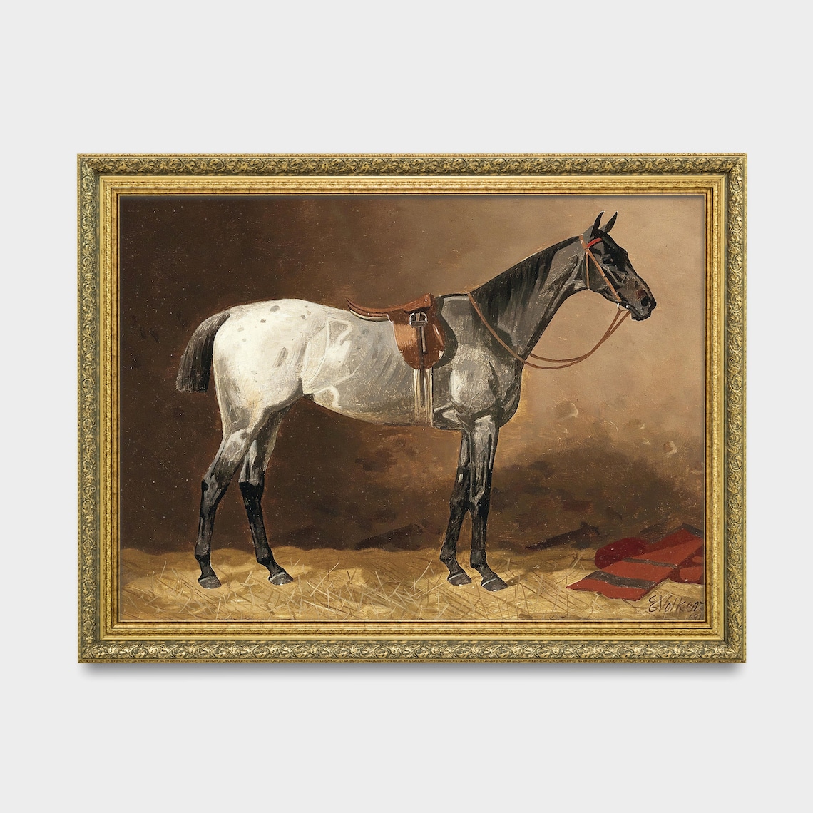 Vintage Saddled Gray Horse in Stable Equestrian Painting Poster - Image 3