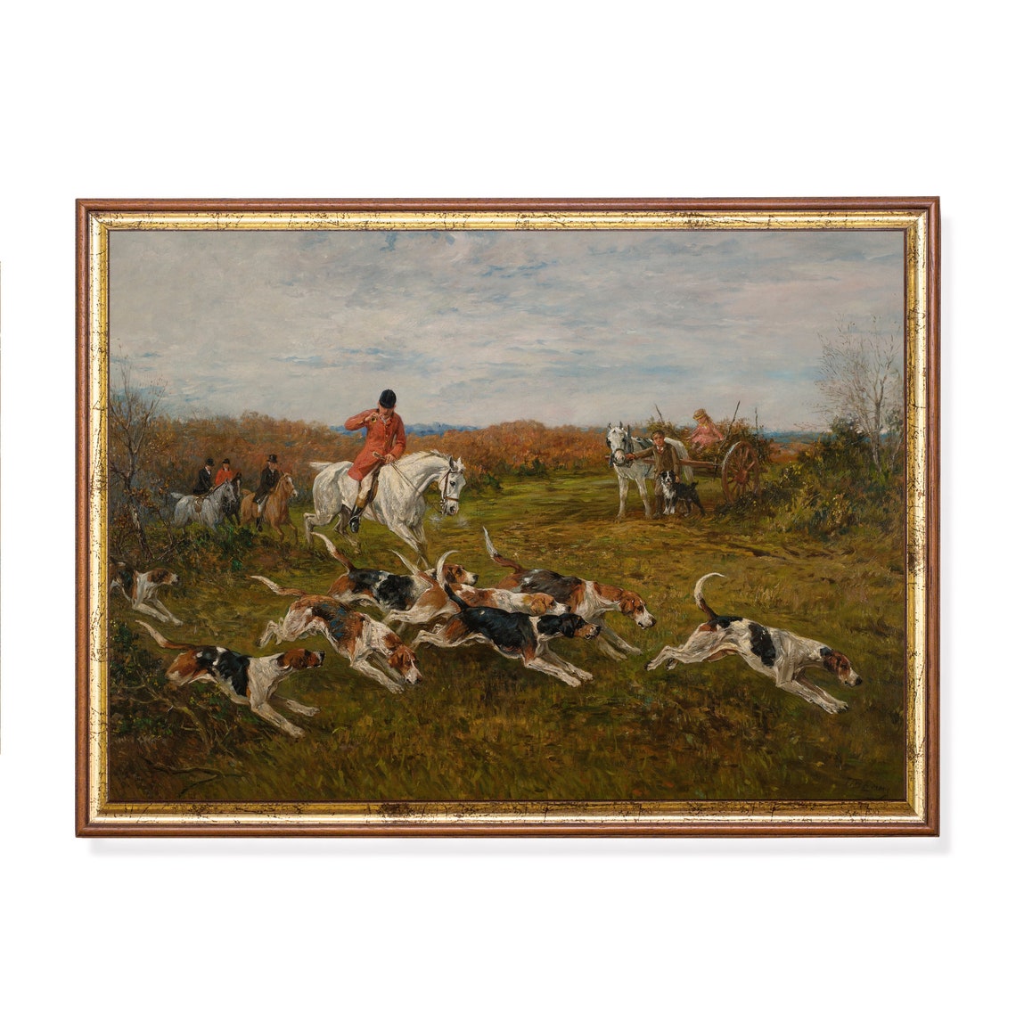 Fox Hunt Riders and Hounds Racing Across the Field Vintage Poster