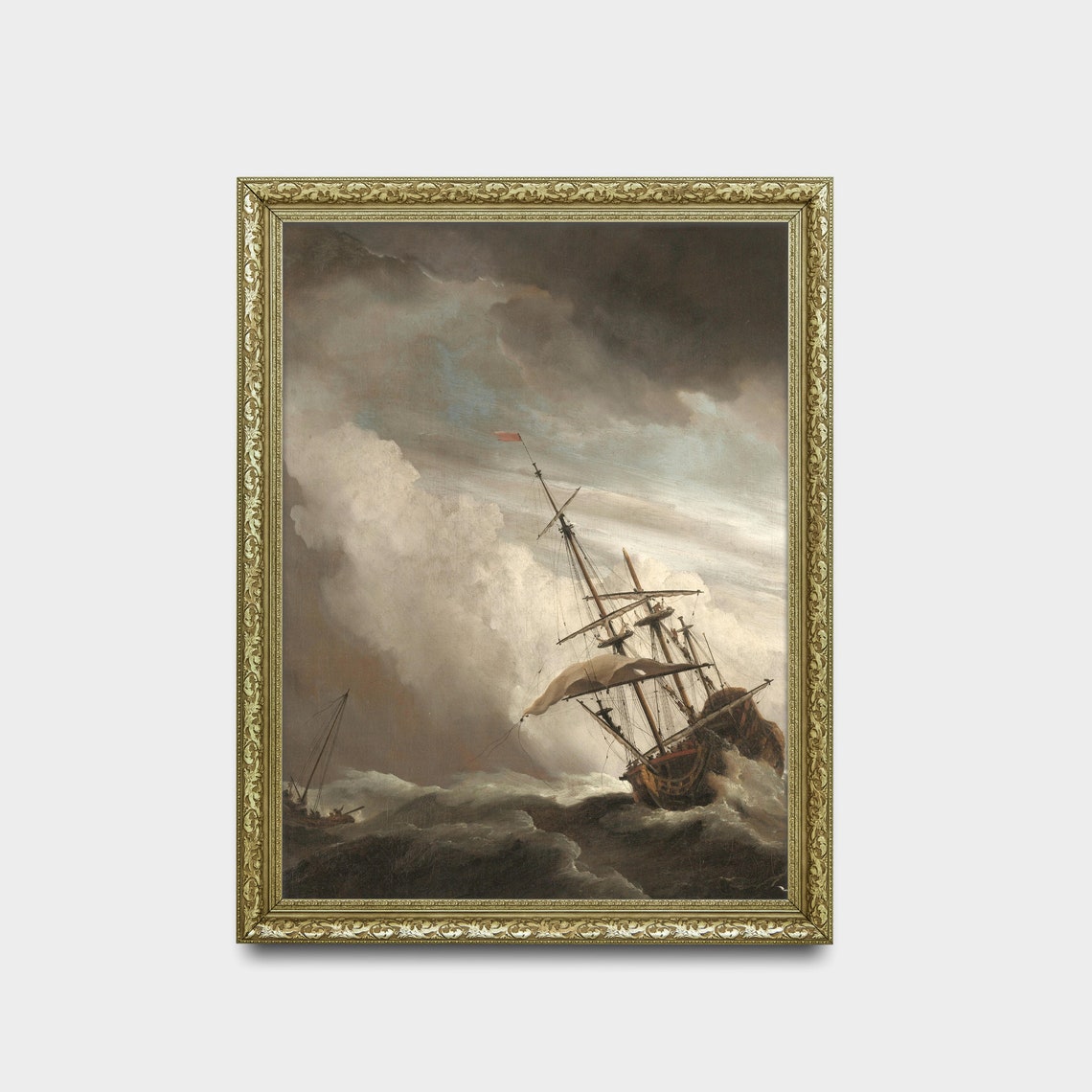 Vintage Sailing Ship Painting Antique Moody Print Ocean Seascape Rustic Art Wall Art Nautical Decor - Image 2