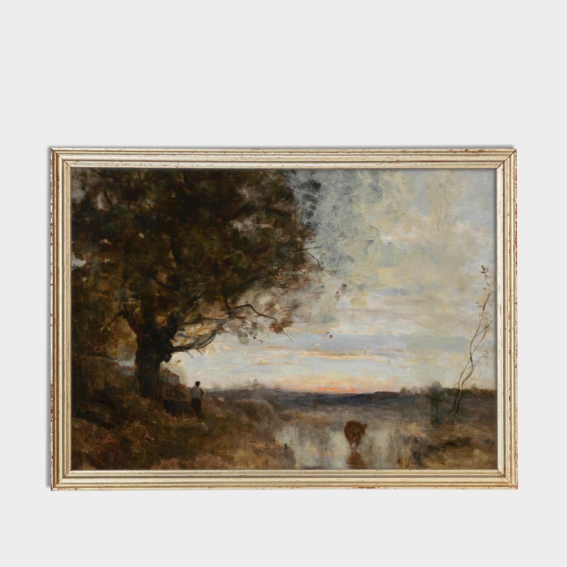 Soft Sunrise over a Misty Moor with Cow and Figure Rustic Poster - Image 3