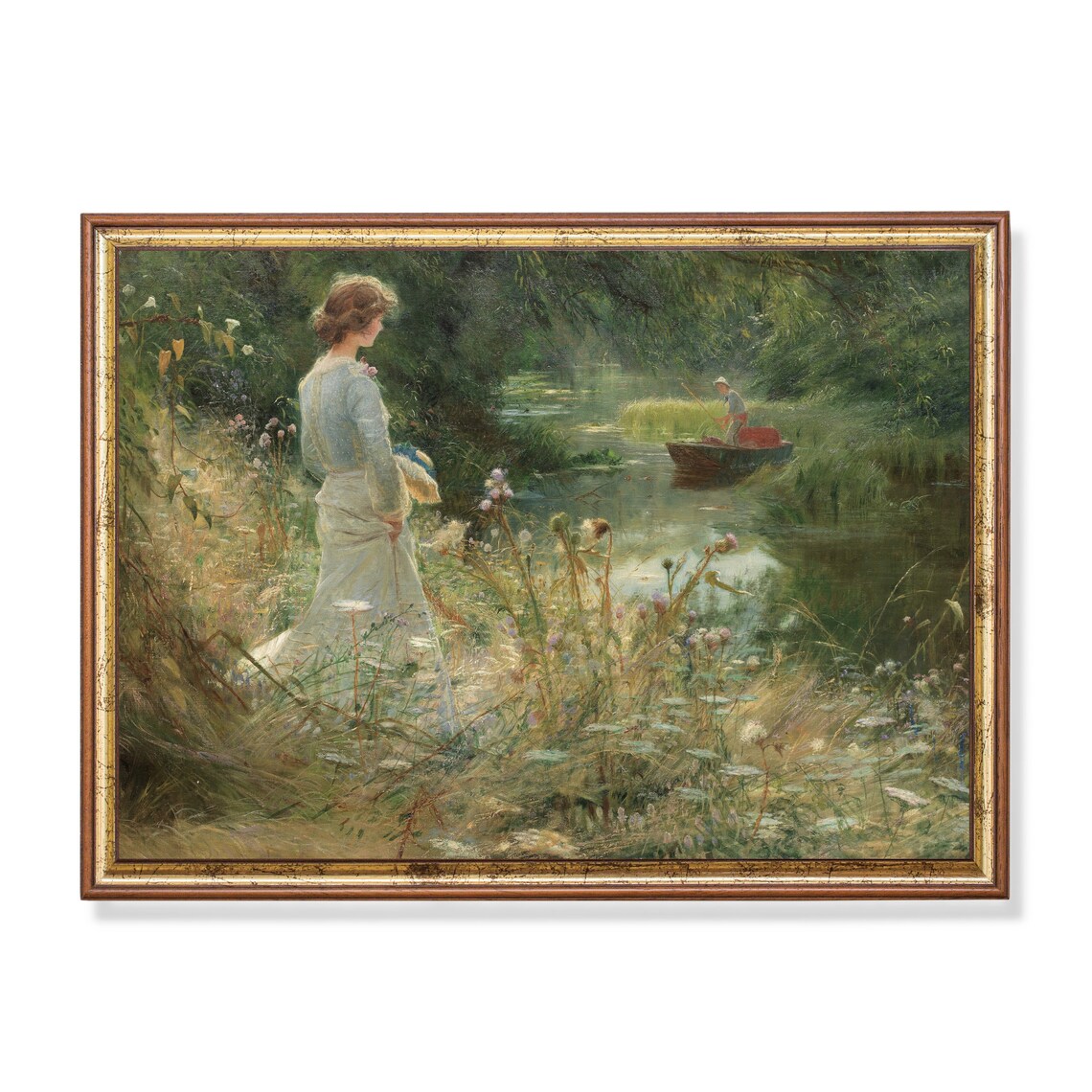 Woman in White Gown by a Flowering Riverbank Romantic Painting Poster