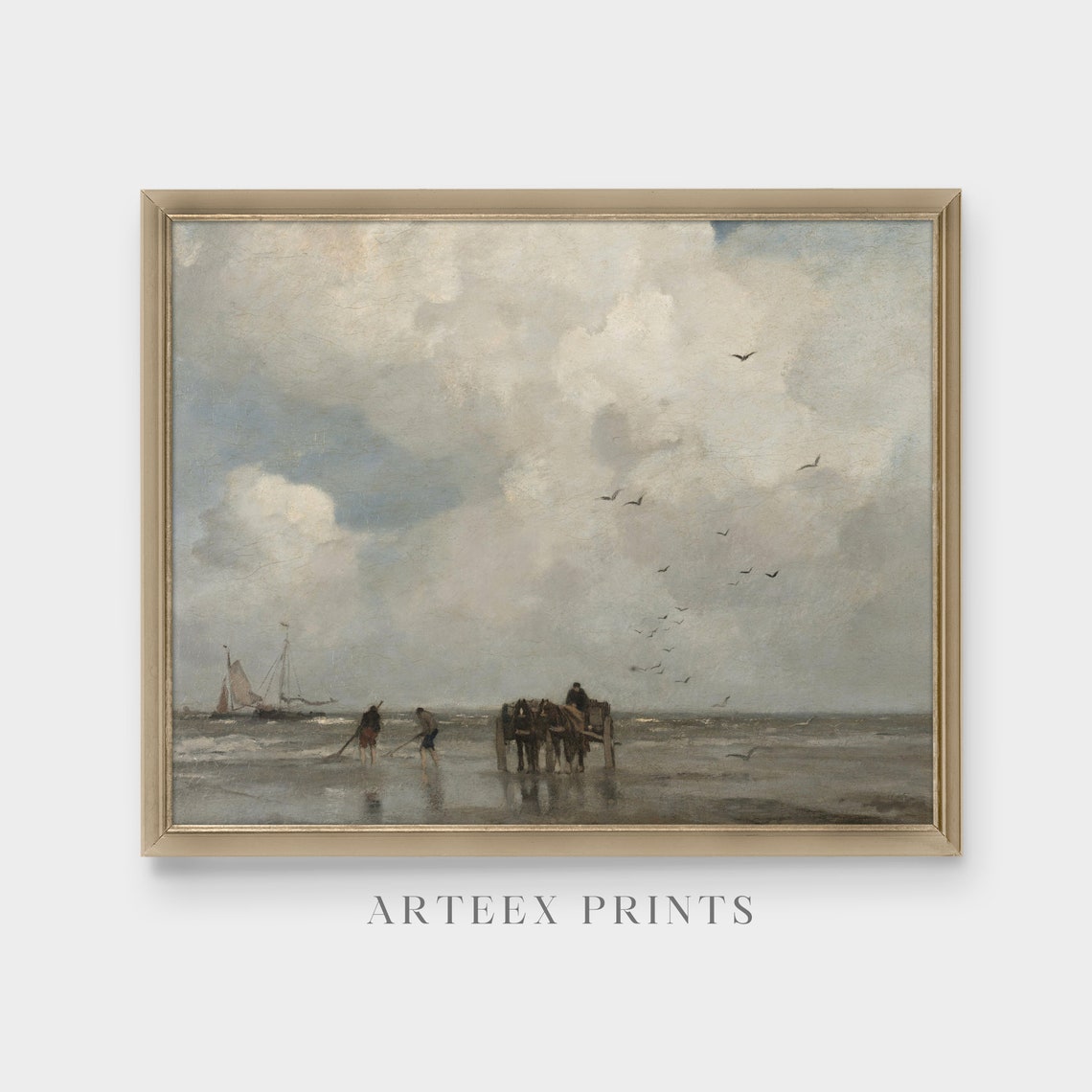 Mist-Covered Beach with Fishermen Horses and Sailboat Poster - Image 4
