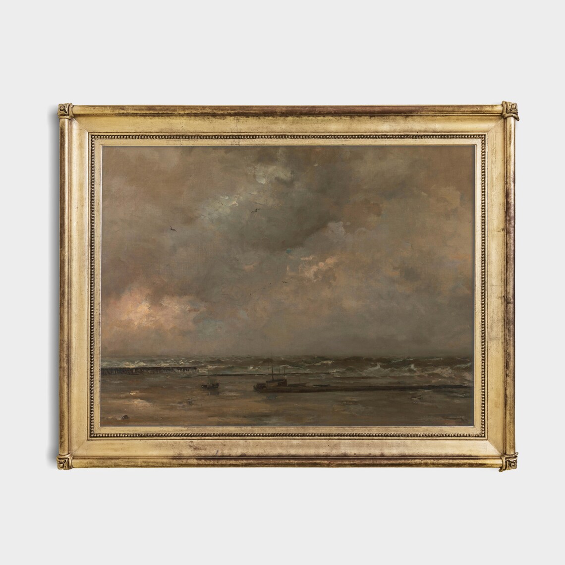 Stormy Coast with Fishing Boats Dark Moody Seascape Painting Poster - Image 2
