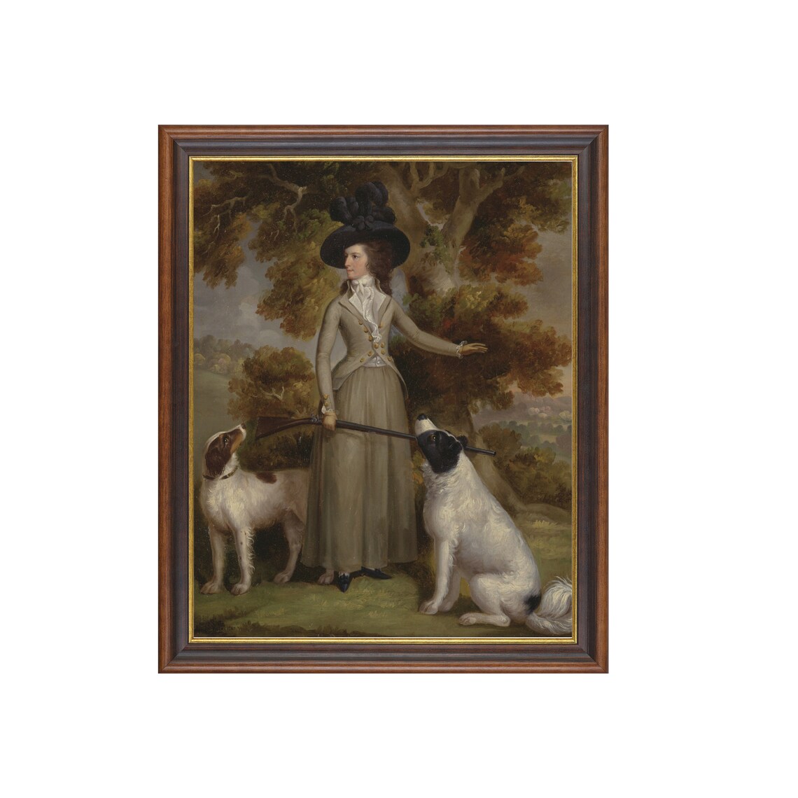 Georgian Woman in Riding Habit with Two Hunting Dogs Portrait Print