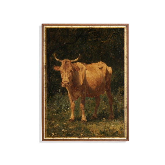 Vintage Cow Painting Antique Animal Print Farmhouse Decor Wall Art Moody Rustic Art Fine Art Print
