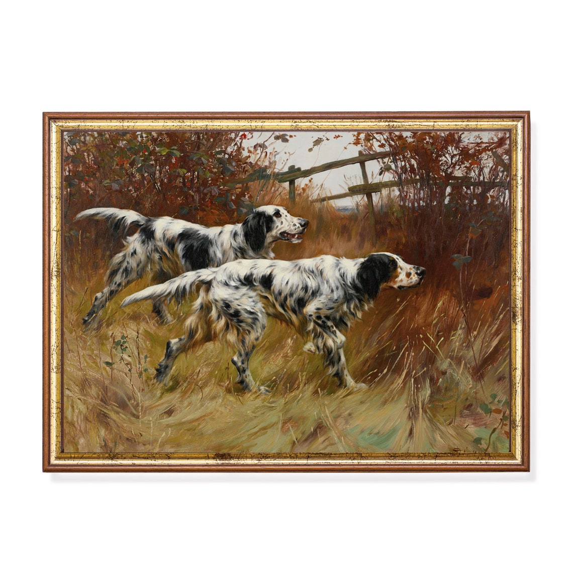 Atmospheric Two English Setter Dogs Hunting in a Field Poster