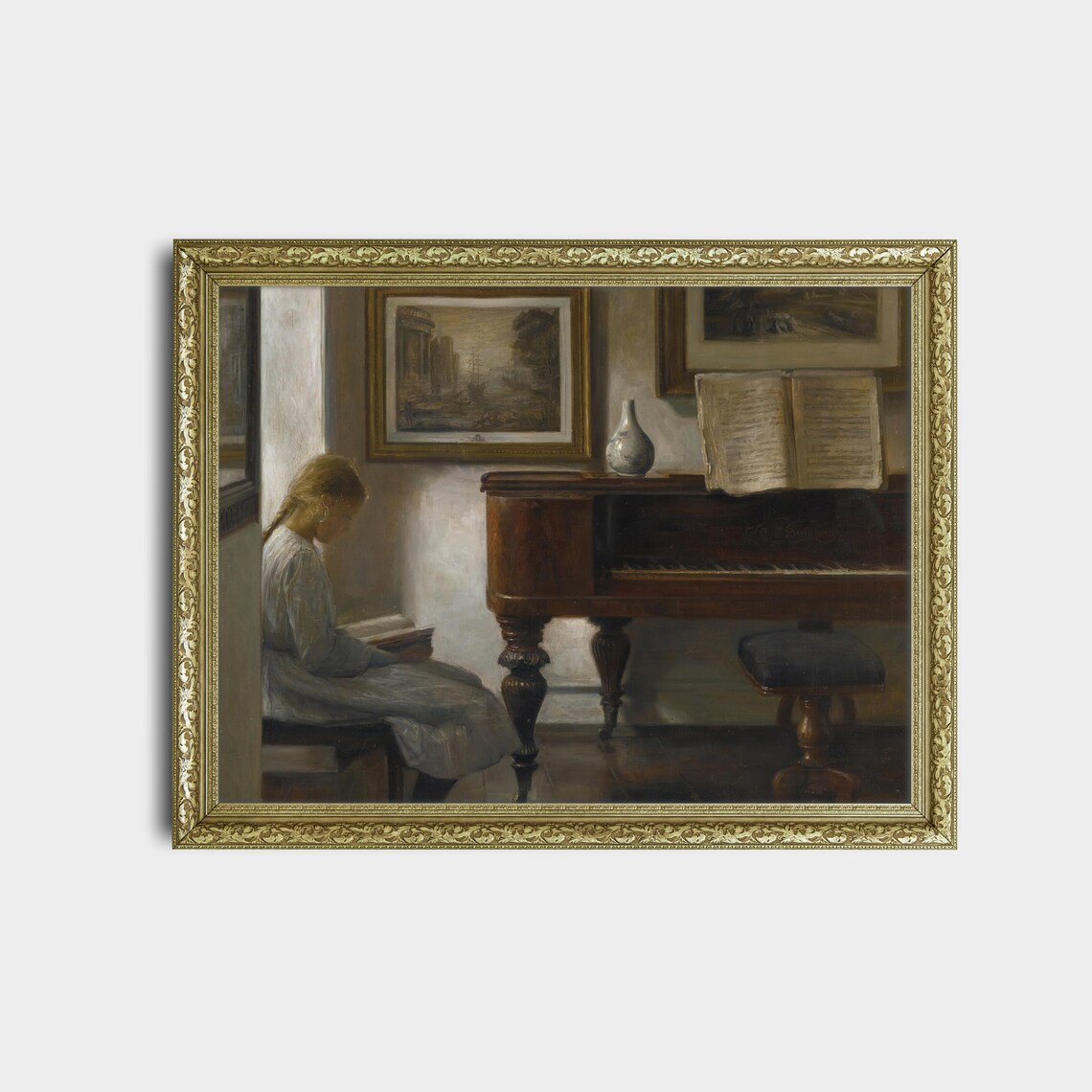 Young Girl Reading Beside Grand Piano Vintage Interior Scene Poster - Image 2